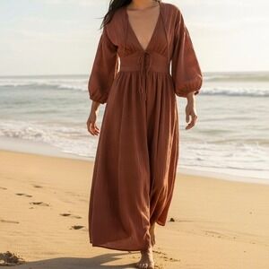 Tall Rust Brown Crinkle Lace Up Maxi Dress ASOS Balloon Sleeve US 4 Boho Indie